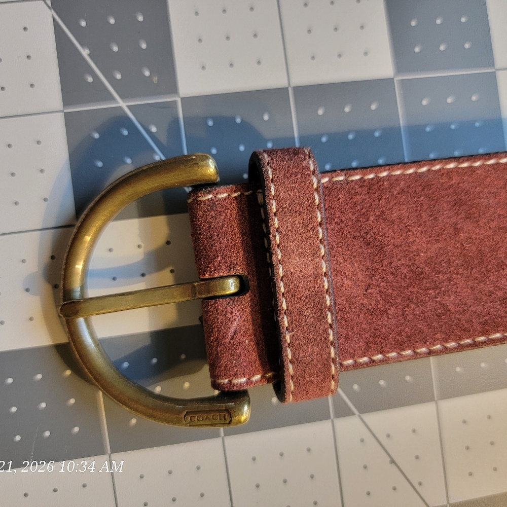 Coach Burgundy Suede Belt with Brass Buckle - Picture 4 of 11